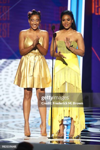 Amandla Stenberg and Regina Hall speak onstage at the 2018 BET Awards at Microsoft Theater on June 24, 2018 in Los Angeles, California.