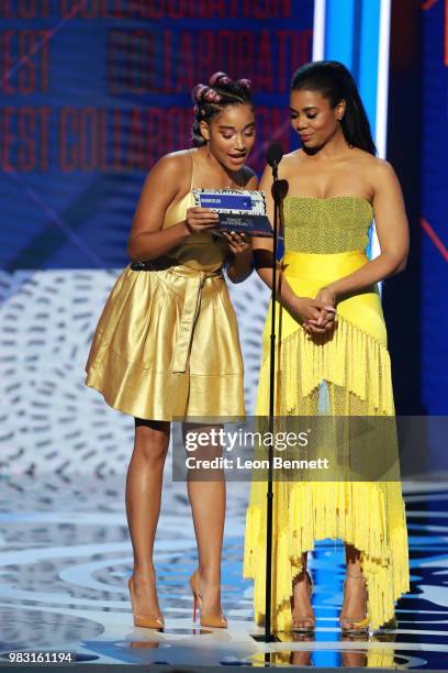 Amandla Stenberg and Regina Hall speak onstage at the 2018 BET Awards at Microsoft Theater on June 24, 2018 in Los Angeles, California.