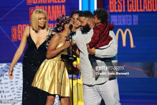 Khaled, with Asahd Tuck Khaled, accepts the Best Collaboration Award for 'Wild Thoughts' from Amandla Stenberg and Regina Hall onstage at the 2018...