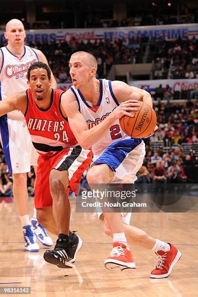 Steve Blake of the Los Angeles Clippers dribbles during a game against the Portland Trail Blazers at Staples Center on April 7, 2010 in Los Angeles,...