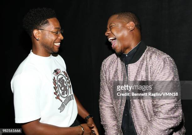 Jacob Latimore and Jason Mitchell is seen backstage at the 2018 BET Awards at Microsoft Theater on June 24, 2018 in Los Angeles, California.