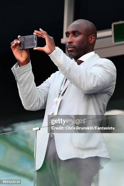 Sol Campbell looks on before the 2018 FIFA World Cup Russia group G match between England and Panama at Nizhny Novgorod Stadium on June 24, 2018 in...