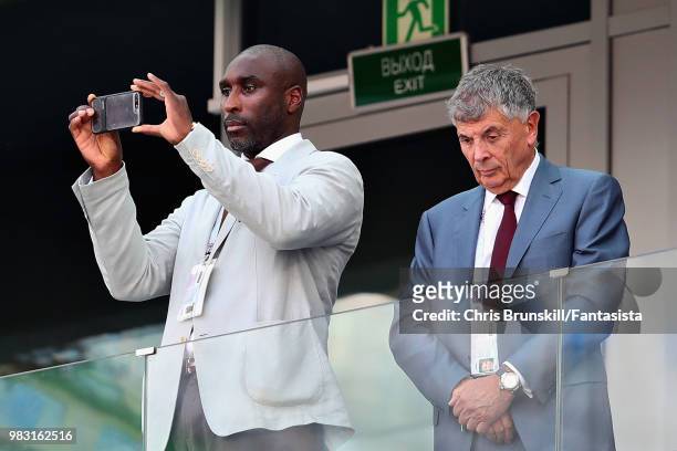 Sol Campbell looks on before the 2018 FIFA World Cup Russia group G match between England and Panama at Nizhny Novgorod Stadium on June 24, 2018 in...