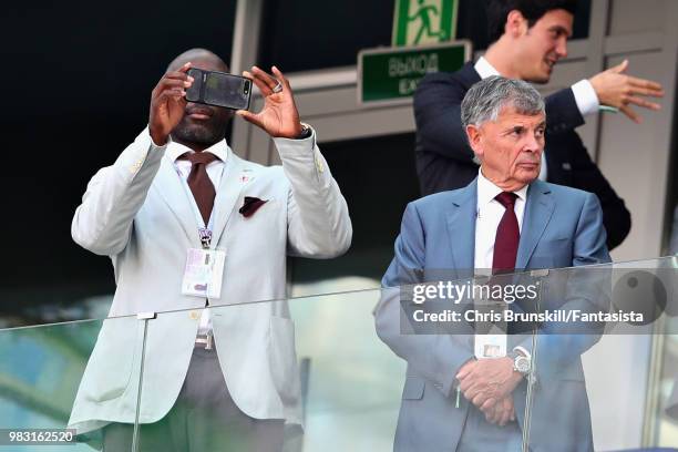 Sol Campbell looks on before the 2018 FIFA World Cup Russia group G match between England and Panama at Nizhny Novgorod Stadium on June 24, 2018 in...