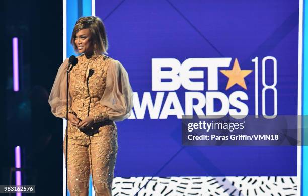 Tyra Banks speaks onstage at the 2018 BET Awards at Microsoft Theater on June 24, 2018 in Los Angeles, California.