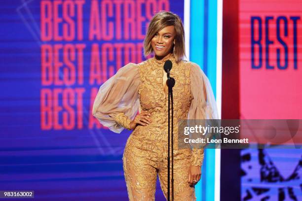 Tyra Banks speaks onstage at the 2018 BET Awards at Microsoft Theater on June 24, 2018 in Los Angeles, California.