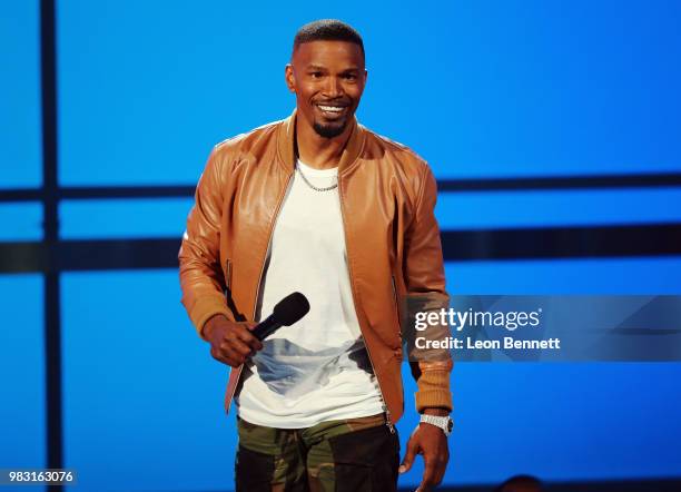 Host Jamie Foxx speaks onstage at the 2018 BET Awards at Microsoft Theater on June 24, 2018 in Los Angeles, California.