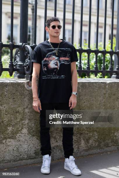 Jeremie Laheurte is seen on the street during Paris Men's Fashion Week S/S 2019 wearing a graphic black tshirt on June 24, 2018 in Paris, France.