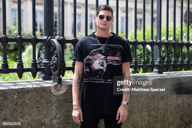 Jeremie Laheurte is seen on the street during Paris Men's Fashion Week S/S 2019 wearing a graphic black tshirt on June 24, 2018 in Paris, France.