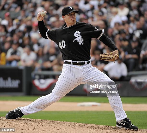 Putz of the Chicago White Sox pitches against the Cleveland Indians on April 5, 2010 at U.S. Cellular Field in Chicago, Illinois. The White Sox...