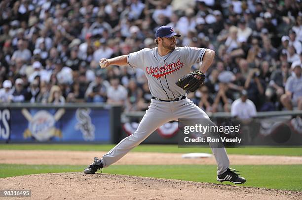 Jake Westbrook of the Cleveland Indians pitches against the Chicago White Sox on April 5, 2010 at U.S. Cellular Field in Chicago, Illinois. The White...