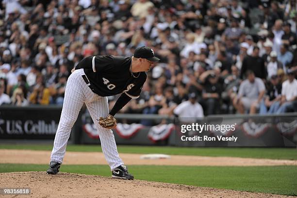 Putz of the Chicago White Sox pitches against the Cleveland Indians on April 5, 2010 at U.S. Cellular Field in Chicago, Illinois. The White Sox...