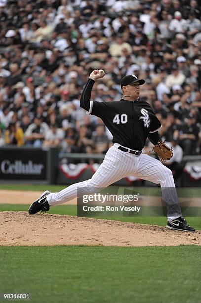 Putz of the Chicago White Sox pitches against the Cleveland Indians on April 5, 2010 at U.S. Cellular Field in Chicago, Illinois. The White Sox...