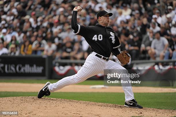 Putz of the Chicago White Sox pitches against the Cleveland Indians on April 5, 2010 at U.S. Cellular Field in Chicago, Illinois. The White Sox...