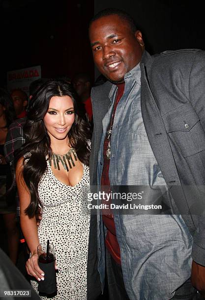 Personality Kim Kardashian and actor Quinton Aaron attend the Bravada International launch party hosted by Kardashian at The Whisper Restaurant and...