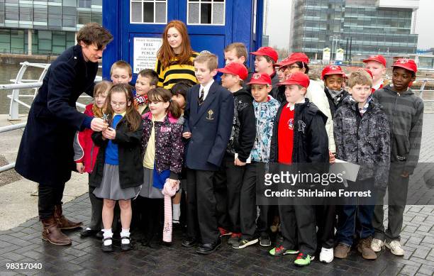 Matt Smith and Karen Gillan greet young fans while attending photocall to launch the new season of 'Dr Who' at The Lowry on March 31, 2010 in...