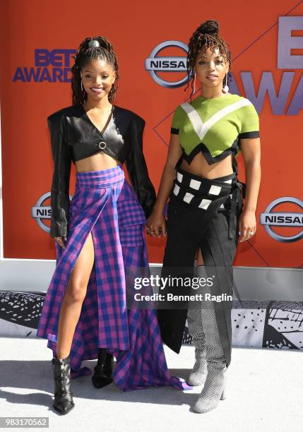 Halle Bailey and Chloe Bailey of Chloe X Halle attend the 2018 BET Awards at Microsoft Theater on June 24, 2018 in Los Angeles, California.