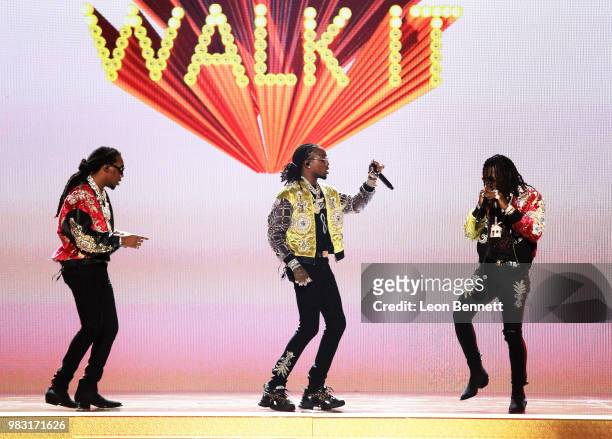 Takeoff, Quavo and Offset of Migos perform onstage at the 2018 BET Awards at Microsoft Theater on June 24, 2018 in Los Angeles, California.