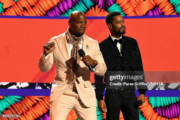 Terry Crews and Lakeith Stanfield speak onstage at the 2018 BET Awards at Microsoft Theater on June 24, 2018 in Los Angeles, California.