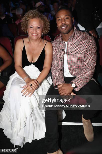 Former BET Executive Debra L. Lee and Michael B. Jordan attend at the 2018 BET Awards at Microsoft Theater on June 24, 2018 in Los Angeles,...