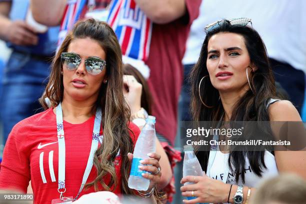 Girlfriend of Kyle Walker of England Annie Kilner and wife of Jamie Vardy of England Rebekah Vardy look on during the 2018 FIFA World Cup Russia...