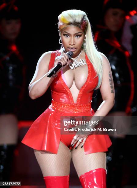 Nicki Minaj performs onstage at the 2018 BET Awards at Microsoft Theater on June 24, 2018 in Los Angeles, California.