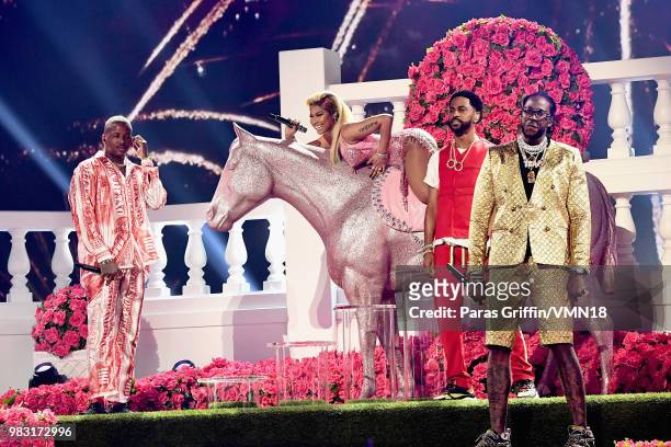 Nicki Minaj, Big Sean, and 2 Chainz perform onstage at the 2018 BET Awards at Microsoft Theater on June 24, 2018 in Los Angeles, California.