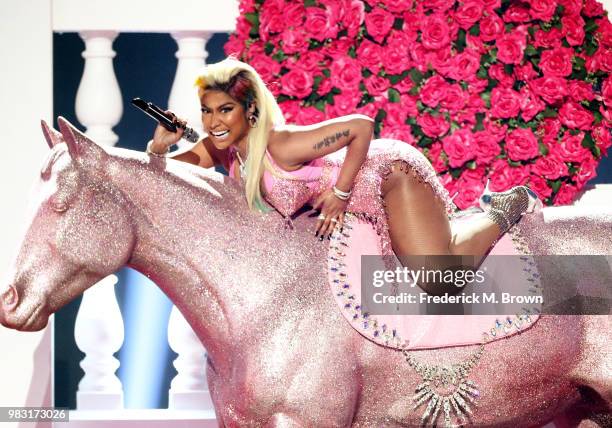 Nicki Minaj performs onstage at the 2018 BET Awards at Microsoft Theater on June 24, 2018 in Los Angeles, California.