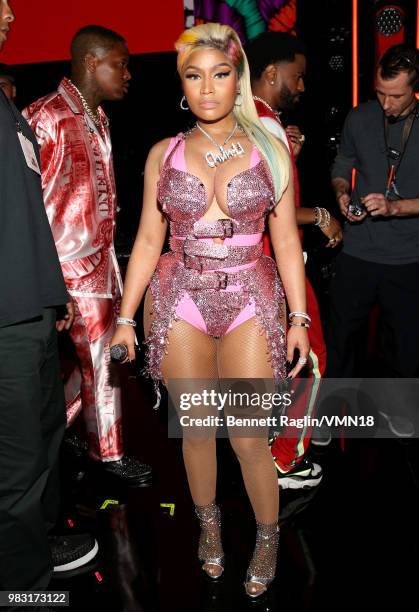 Nicki Minaj is seen backstage at the 2018 BET Awards at Microsoft Theater on June 24, 2018 in Los Angeles, California.