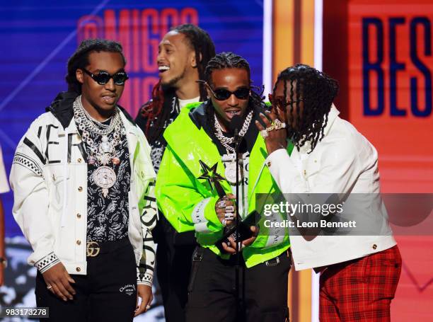 Takeoff, Quavo and Offset of Migos accept the Best Group Award onstage at the 2018 BET Awards at Microsoft Theater on June 24, 2018 in Los Angeles,...