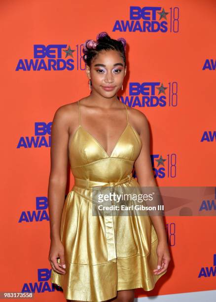 Amandla Stenberg poses in the press room at the 2018 BET Awards at Microsoft Theater on June 24, 2018 in Los Angeles, California.