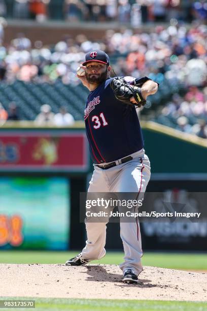 Pitcher Lance Lynn of the Minnesota Twins pitches during a MLB game against the Detroit Tigers at Comerica Park on June 14, 2018 in Detroit, Michigan.