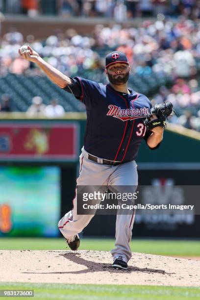 Pitcher Lance Lynn of the Minnesota Twins pitches during a MLB game against the Detroit Tigers at Comerica Park on June 14, 2018 in Detroit, Michigan.