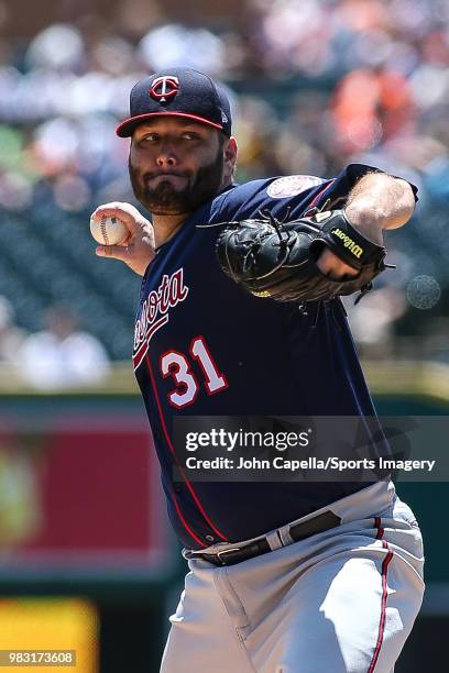 Pitcher Lance Lynn of the Minnesota Twins pitches during a MLB game against the Detroit Tigers at Comerica Park on June 14, 2018 in Detroit, Michigan.