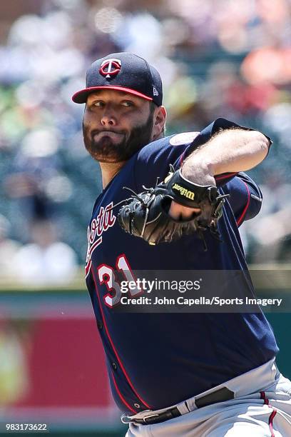 Pitcher Lance Lynn of the Minnesota Twins pitches during a MLB game against the Detroit Tigers at Comerica Park on June 14, 2018 in Detroit, Michigan.