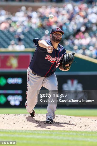 Pitcher Lance Lynn of the Minnesota Twins pitches during a MLB game against the Detroit Tigers at Comerica Park on June 14, 2018 in Detroit, Michigan.