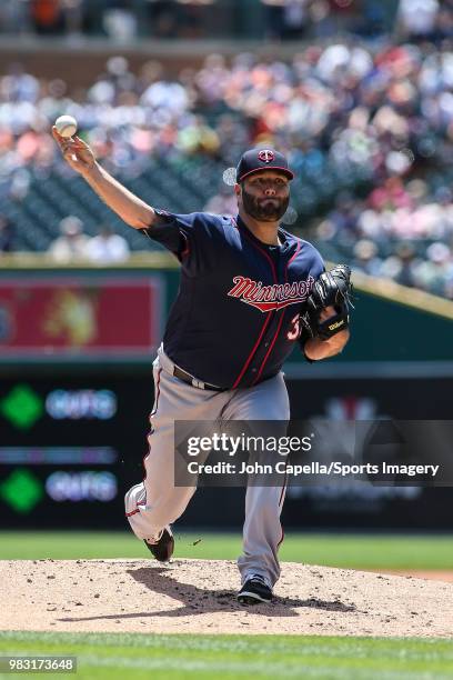 Pitcher Lance Lynn of the Minnesota Twins pitches during a MLB game against the Detroit Tigers at Comerica Park on June 14, 2018 in Detroit, Michigan.