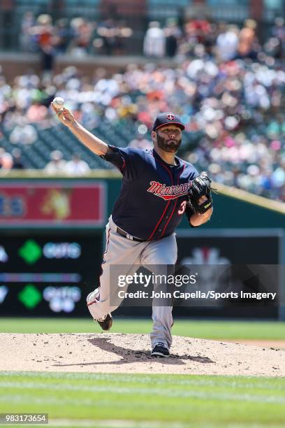 Pitcher Lance Lynn of the Minnesota Twins pitches during a MLB game against the Detroit Tigers at Comerica Park on June 14, 2018 in Detroit, Michigan.