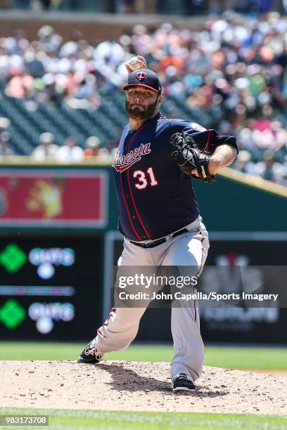 Pitcher Lance Lynn of the Minnesota Twins pitches during a MLB game against the Detroit Tigers at Comerica Park on June 14, 2018 in Detroit, Michigan.