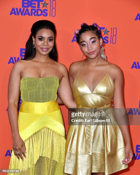 Regina Hall and Amandla Stenberg pose in the press room at the 2018 BET Awards at Microsoft Theater on June 24, 2018 in Los Angeles, California.