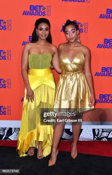 Regina Hall and Amandla Stenberg pose in the press room at the 2018 BET Awards at Microsoft Theater on June 24, 2018 in Los Angeles, California.