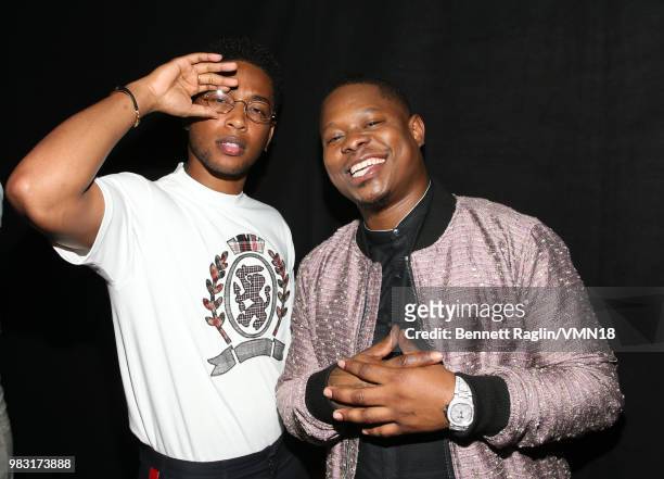 Jacob Latimore and Jason Mitchell are seen backstage at the 2018 BET Awards at Microsoft Theater on June 24, 2018 in Los Angeles, California.