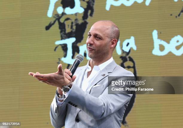 Adidas basketball GM Kris Aman speaks onstage at "Imma Be a Star" Block Party at Audubon Middle School on June 24, 2018 in Los Angeles, California.