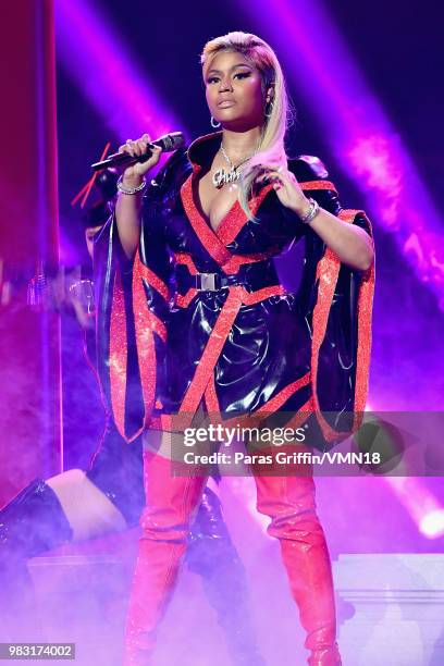 Nicki Minaj performs onstage at the 2018 BET Awards at Microsoft Theater on June 24, 2018 in Los Angeles, California.