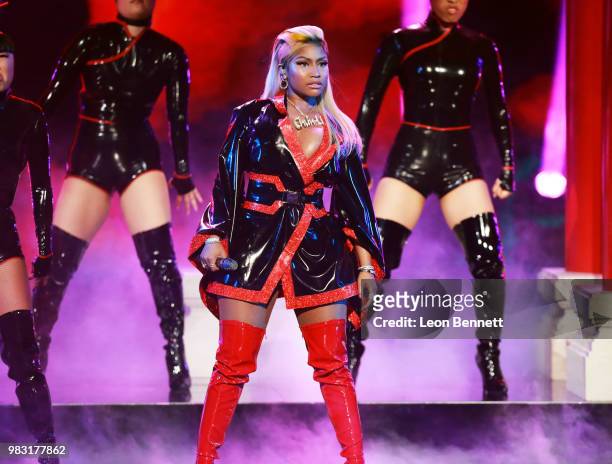 Nicki Minaj performs onstage at the 2018 BET Awards at Microsoft Theater on June 24, 2018 in Los Angeles, California.