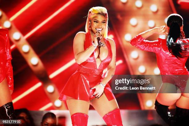 Nicki Minaj performs onstage at the 2018 BET Awards at Microsoft Theater on June 24, 2018 in Los Angeles, California.