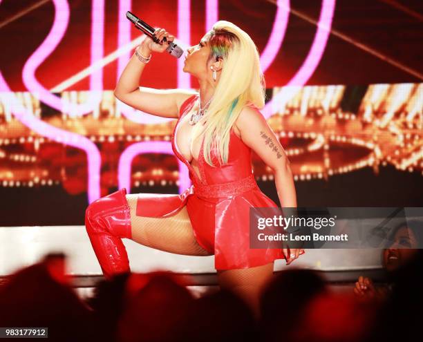 Nicki Minaj performs onstage at the 2018 BET Awards at Microsoft Theater on June 24, 2018 in Los Angeles, California.