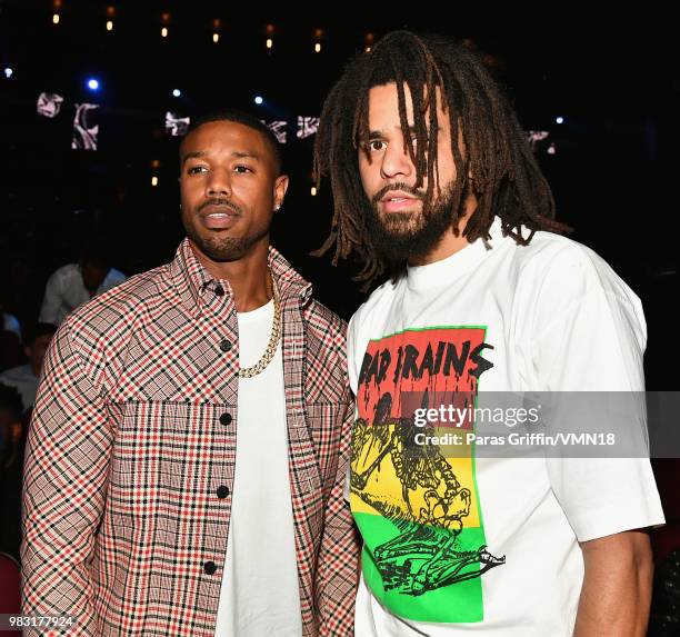 Michael B. Jordan and J. Cole attend the 2018 BET Awards at Microsoft Theater on June 24, 2018 in Los Angeles, California.