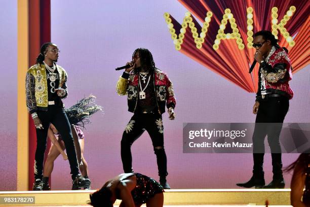 Quavo, Offset, and Takeoff of Migos perform onstage at the 2018 BET Awards at Microsoft Theater on June 24, 2018 in Los Angeles, California.