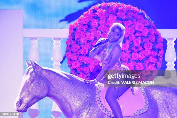 Trinidadian rapper Nicki Minaj performs onstage during the BET Awards at Microsoft Theatre in Los Angeles, California, on June 24, 2018.